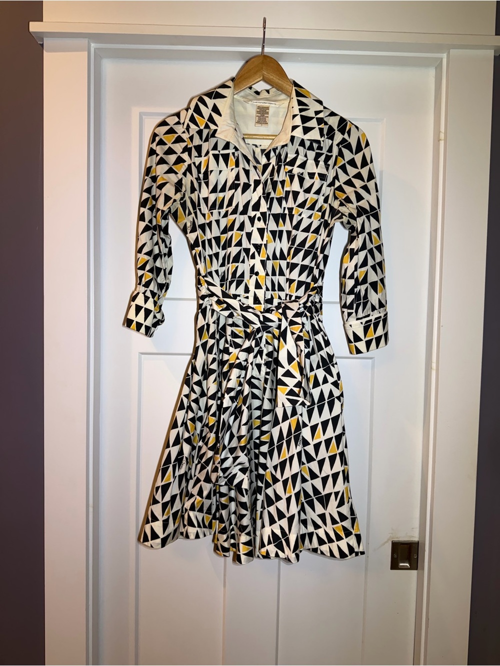 Vintage Diane Von Furstenberg Navy, White & Yellow Geometric Dress with Pockets
